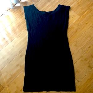 Black tee shirt express dress with button sleeve embellishment